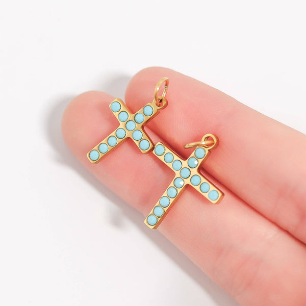 WJW - 18K Gold PVD Stainless Steel Turquoise Stone Cross Charm
