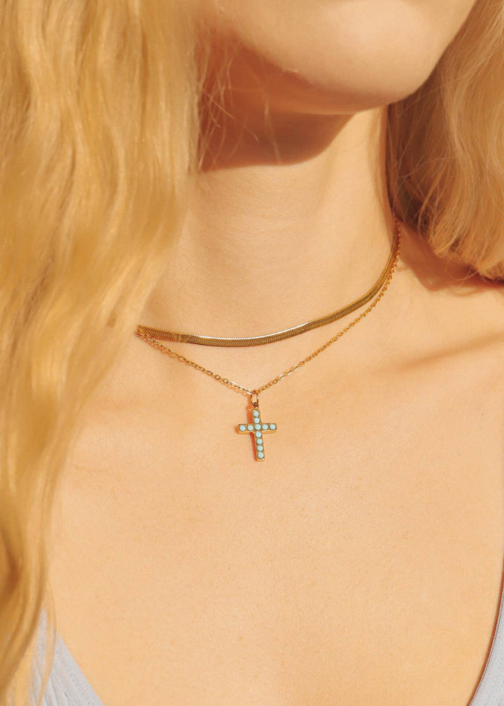 WJW - 18K Gold PVD Stainless Steel Turquoise Stone Cross Charm