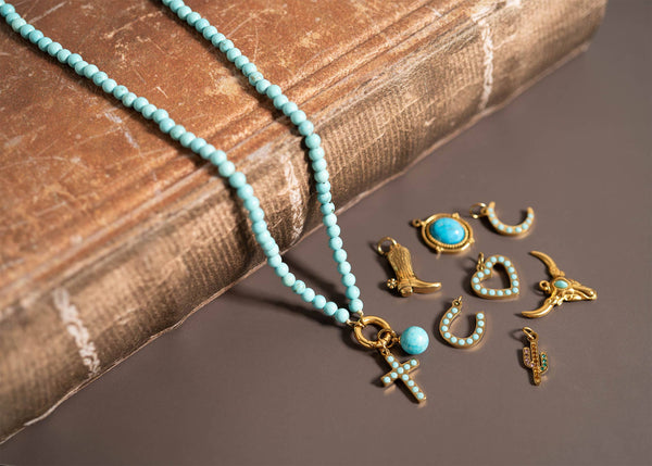 WJW - 18K Gold PVD Stainless Steel Turquoise Stone Cross Charm