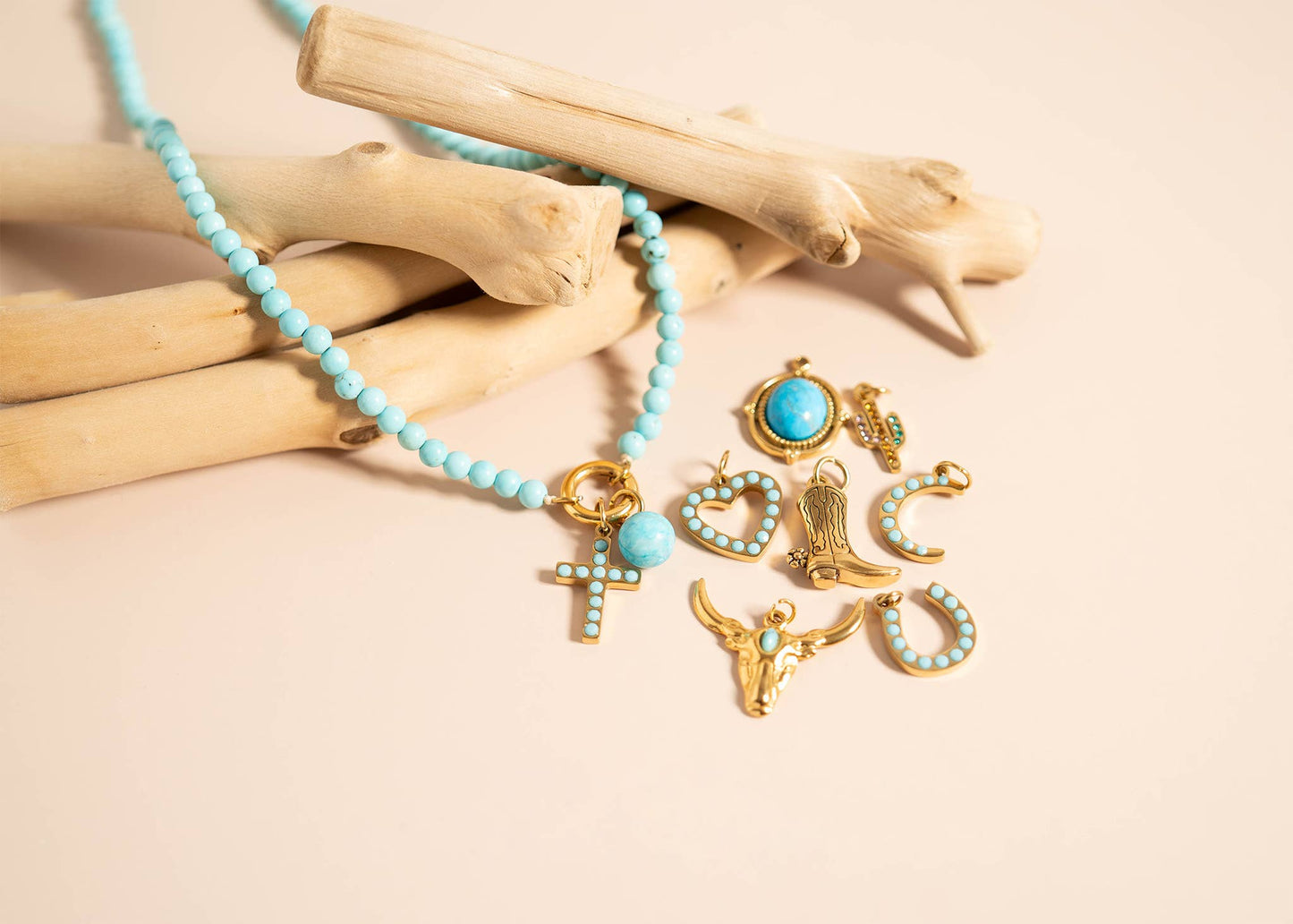 WJW - 18K Gold PVD Stainless Steel Turquoise Stone Cross Charm