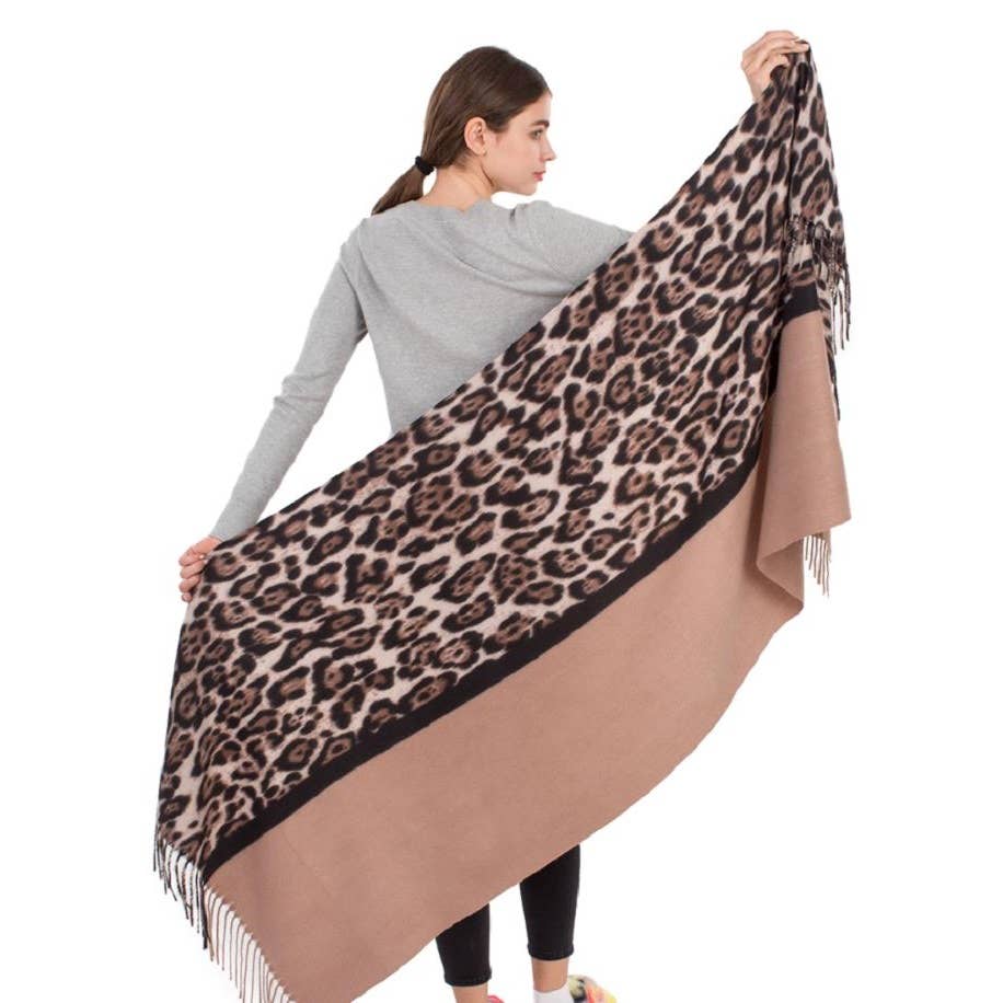 Half Leopard and Half Solid Oblong Scarf