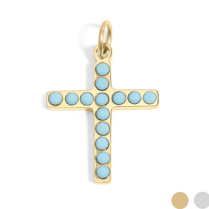 WJW - 18K Gold PVD Stainless Steel Turquoise Stone Cross Charm